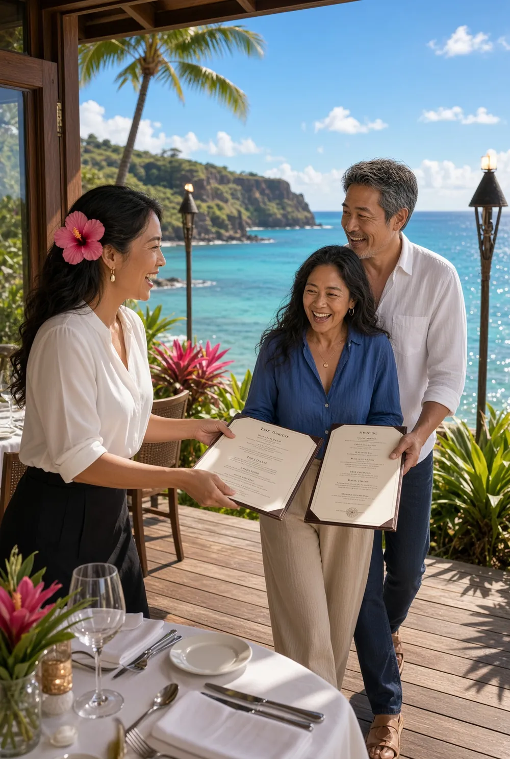 May and Keahi being handed menus on an oceanfront restaurant deck