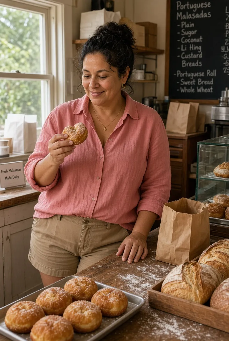 Pua tasting a fresh malasada at a bakery counter